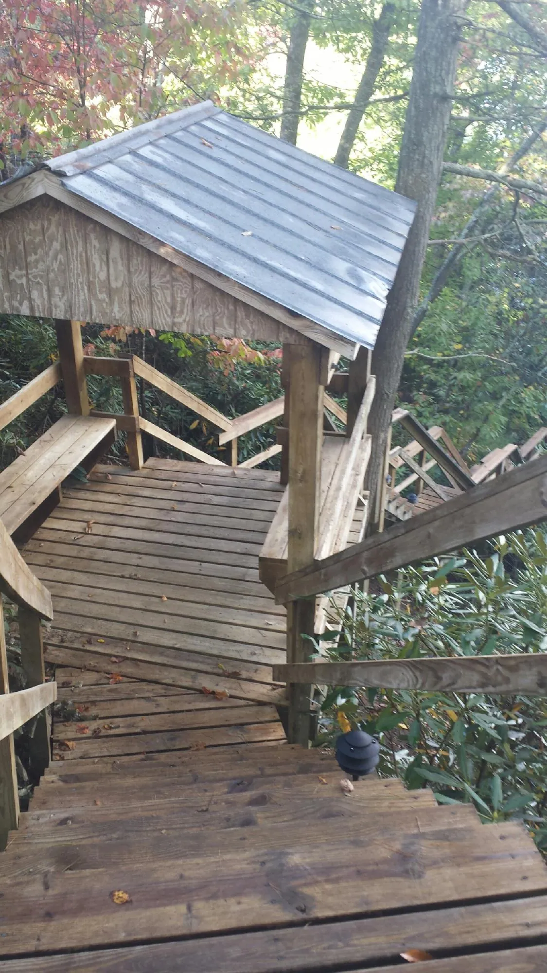 Metal roofed shelter over wooden steps on a wooded walkway — Skylight Repair & Installation work by our crew in South Milford